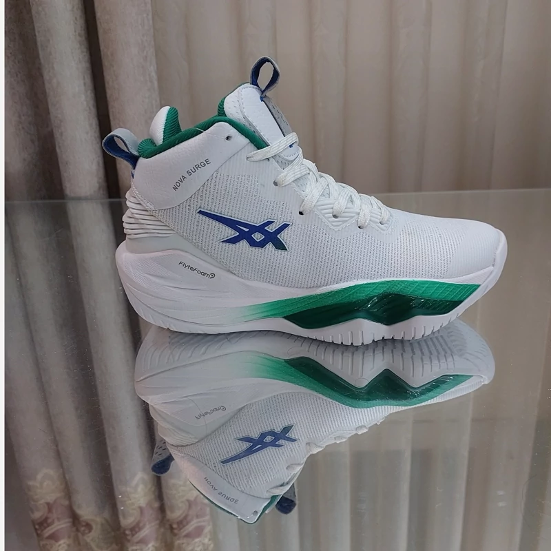 کفش کتونی ساق بلند والیبال بسکتبال اسیکس مدل نوا سورج سورژ asics NOVA SURGE 2 کیفیت مستر کوالیتی ویتنام رنگ سفید سبز