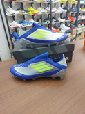 کفش فوتبال چمن آدیداس اف۵۰ مسی استوکدار بدون بند جورابی رنگ آبی فسفری Adidas f50