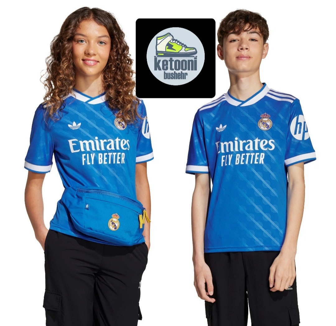 کیت سوم وتیشرت با شورت هواداری تیم رئال مادرید ۲۰۲۶ رنگ آبی تایلندی کلاس A++ kit Real madrid 2026 بچه گانه