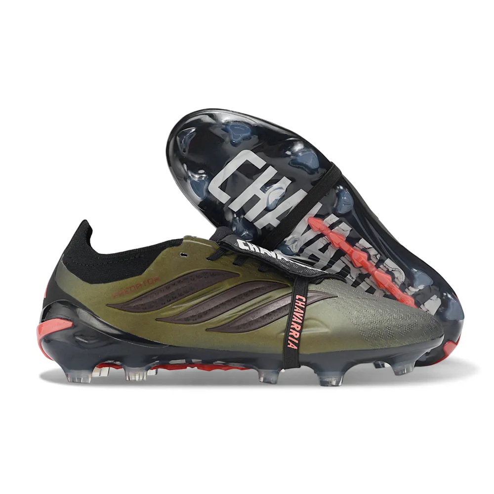 کفش فوتبال چمن آدیداس پردیتور الیت استوکدار بندی رنگ مشکی قرمز Chuteira Campo Adidas Predator Tongue 26 Elite FG Verde Militar e Preto