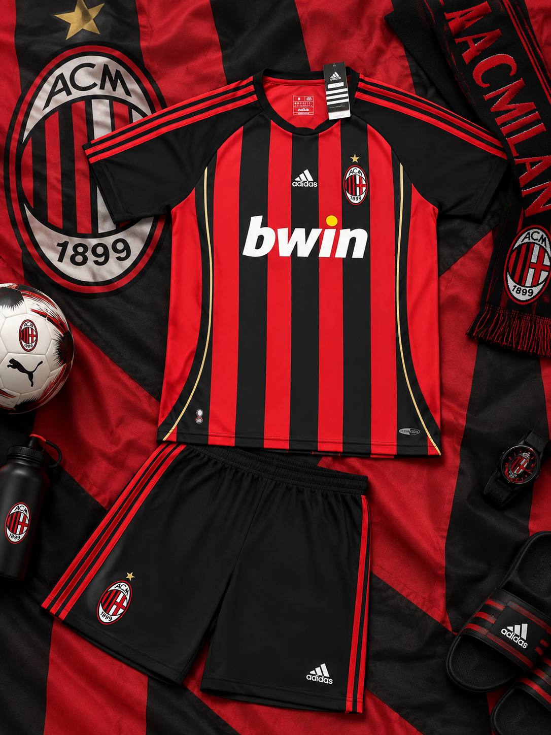 کیت تیشرت با شورت نوستالژی هواداری تیم میلان ایتالیا 2007رنگ راه راه مشکی قرمز تایلندی A++  Ac Milan